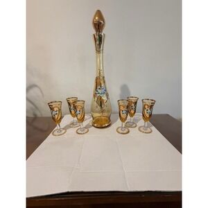 Vintage Italian Amber Glass Decanter Set 6 Glasses 24K Gold‎ Floral Hand Painted